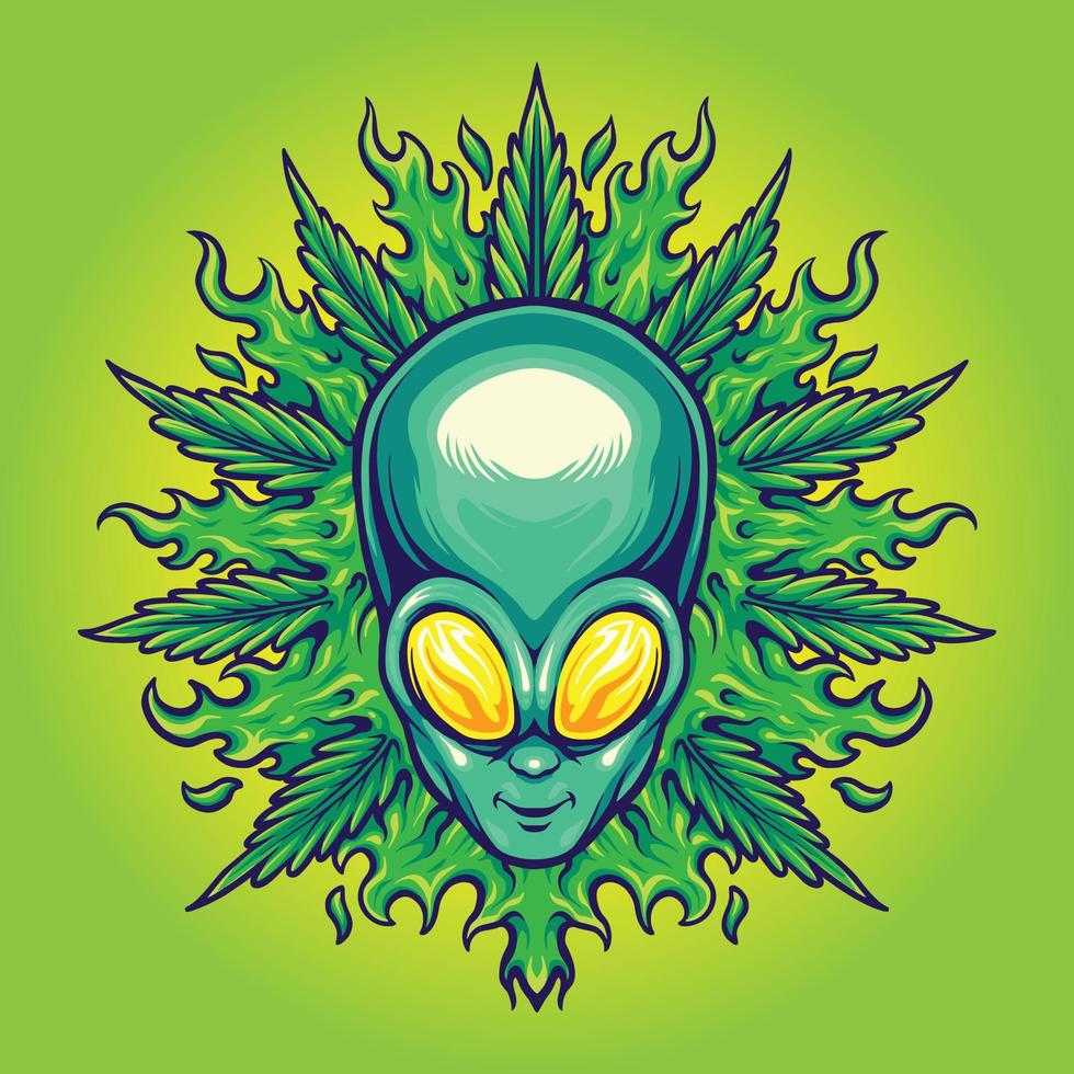 cabeça alienígena com ilustrações vetoriais de folhas de ervas daninhas para o seu logotipo de trabalho, camiseta de mercadoria mascote, adesivos e designs de etiquetas, pôster, cartões de saudação, empresa ou marcas de publicidade. vetor