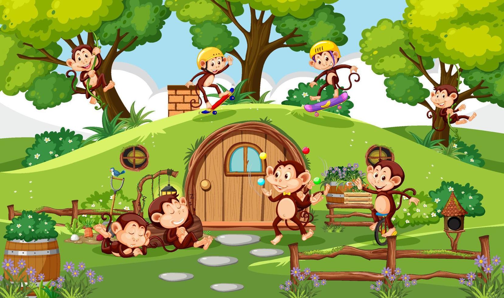 família de macacos feliz na floresta vetor