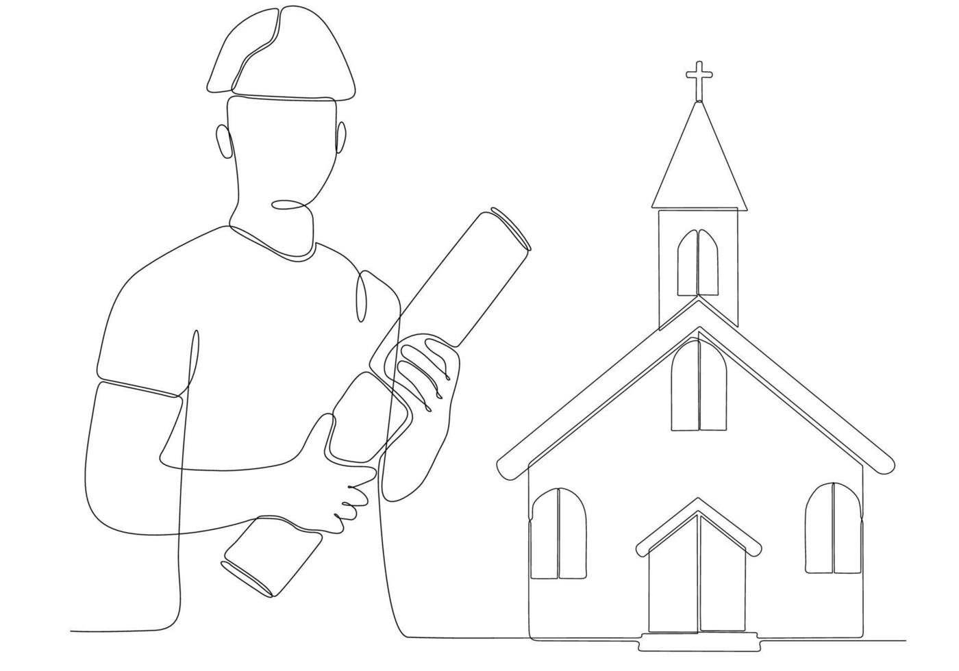 arquiteto masculino de linha contínua construindo ilustração vetorial de igreja vetor