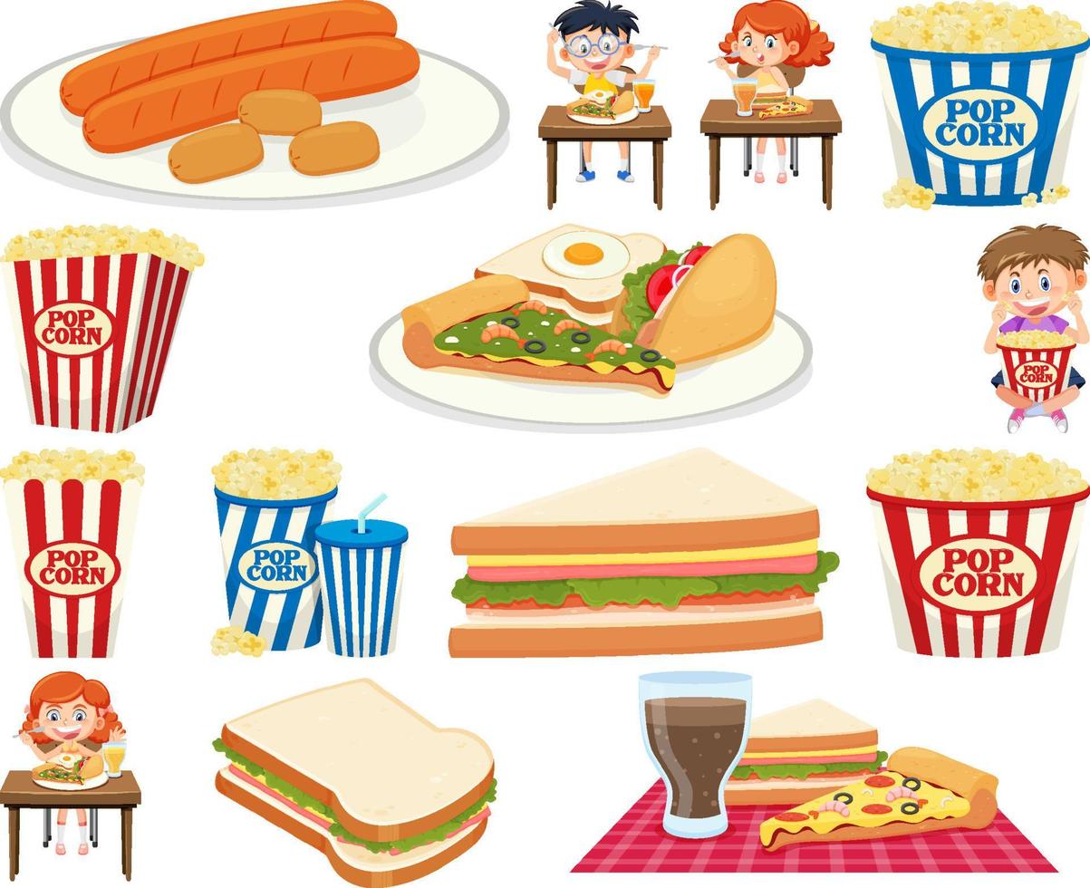 conjunto de diferentes junk foods e crianças vetor