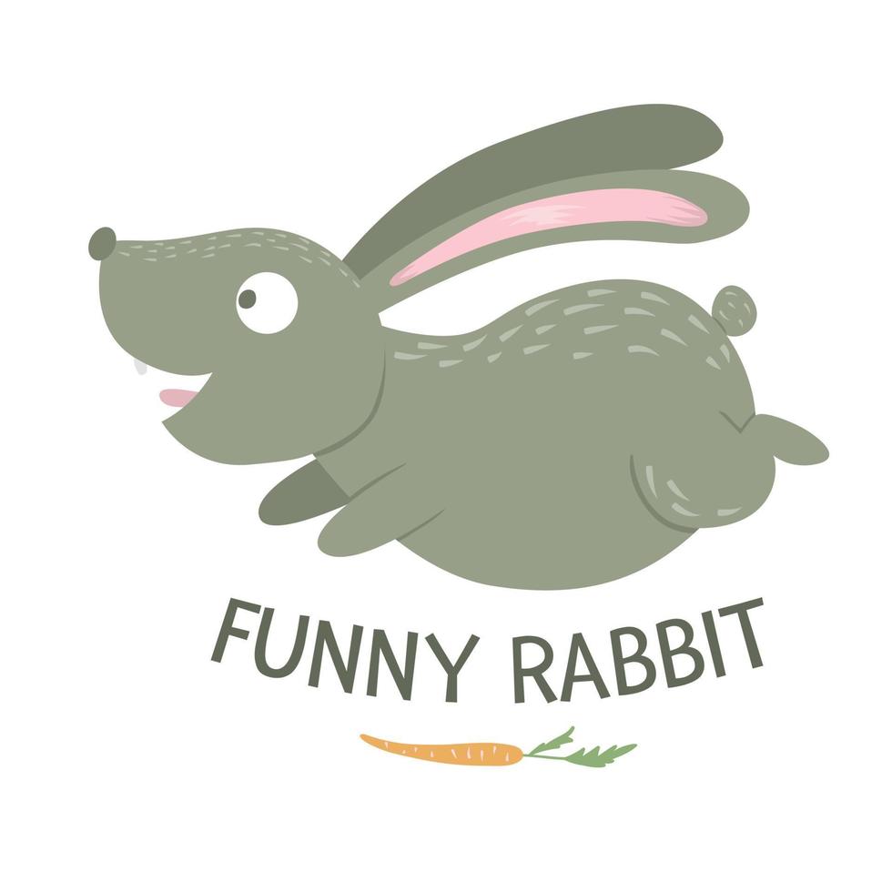coelho engraçado plano estilo cartoon de vetor com cenoura isolada no fundo branco. ilustração fofa de animal da floresta. ícone de lebre correndo