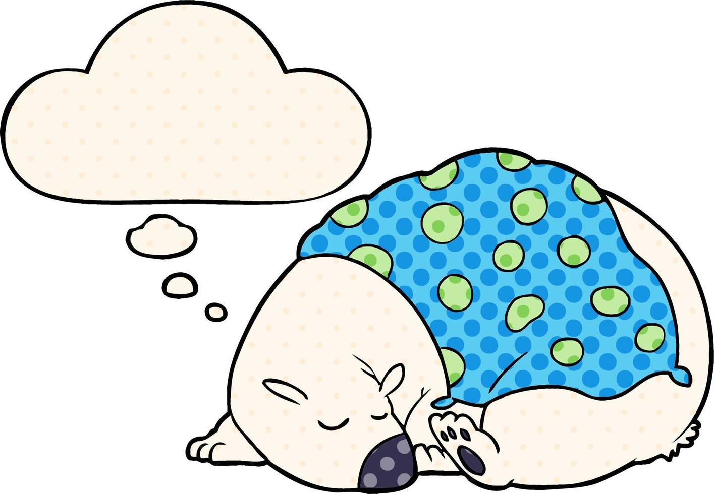 urso polar de desenho animado dormindo e balão de pensamento no estilo de quadrinhos vetor