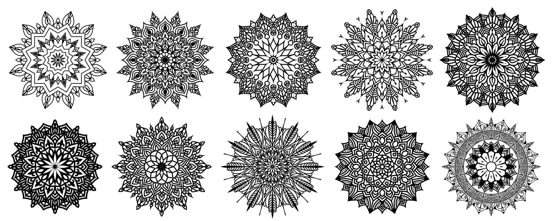 pacote de vetor de mandala floral de 10, ornamento redondo conjunto com uma mandala, elementos decorativos vintage. padrão oriental, ilustração vetorial. islão, árabe, turco, paquistão, chinês, pacote mandala