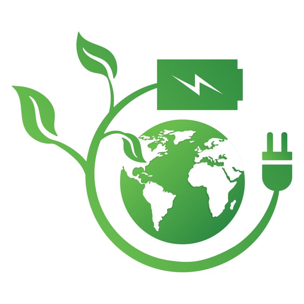 folhas verdes, terra e ícone de plugue isolado no fundo branco. conceito de ecologia economizar energia. ilustração vetorial para qualquer projeto. vetor