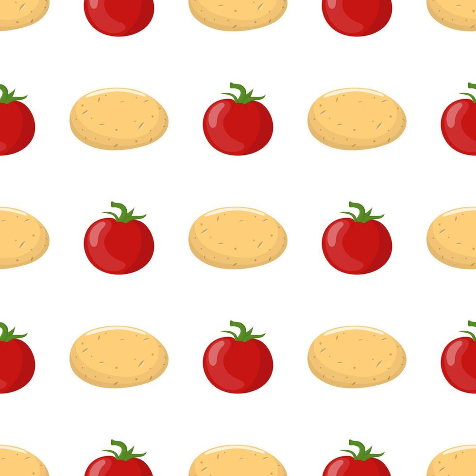 sem costura padrão com legumes de batata e tomate vermelho. comida orgânica. estilo de desenho animado. ilustração vetorial para design, web, papel de embrulho, tecido, papel de parede. vetor