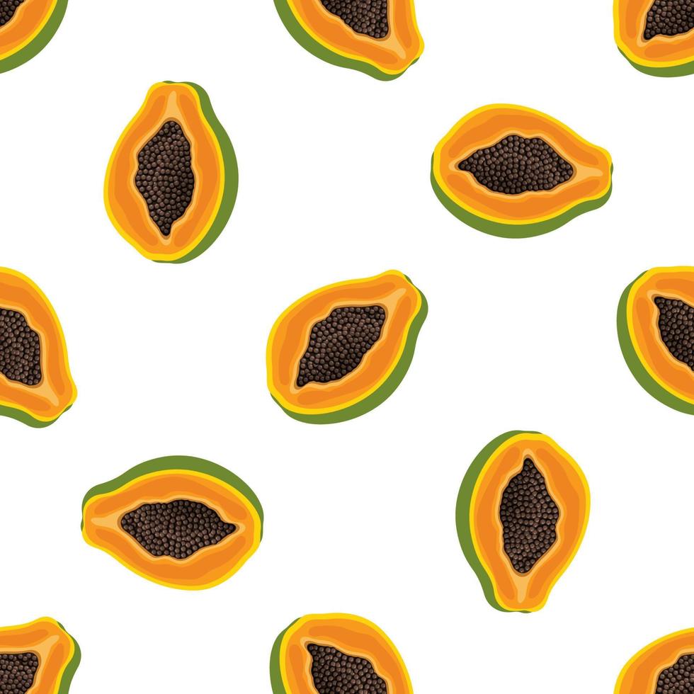 sem costura padrão com fruta fresca brilhante exótica metade mamão em fundo branco. frutas de verão para um estilo de vida saudável. fruta orgânica. estilo de desenho animado. ilustração vetorial para qualquer projeto. vetor