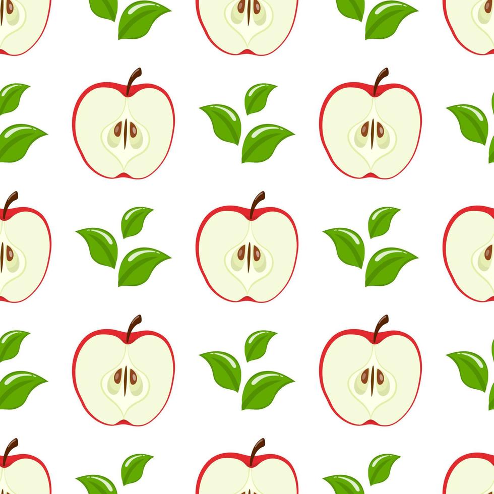 padrão sem emenda com meias maçãs vermelhas e folhas em fundo branco. fruta orgânica. estilo de desenho animado. ilustração vetorial para design, web, papel de embrulho, tecido, papel de parede. vetor