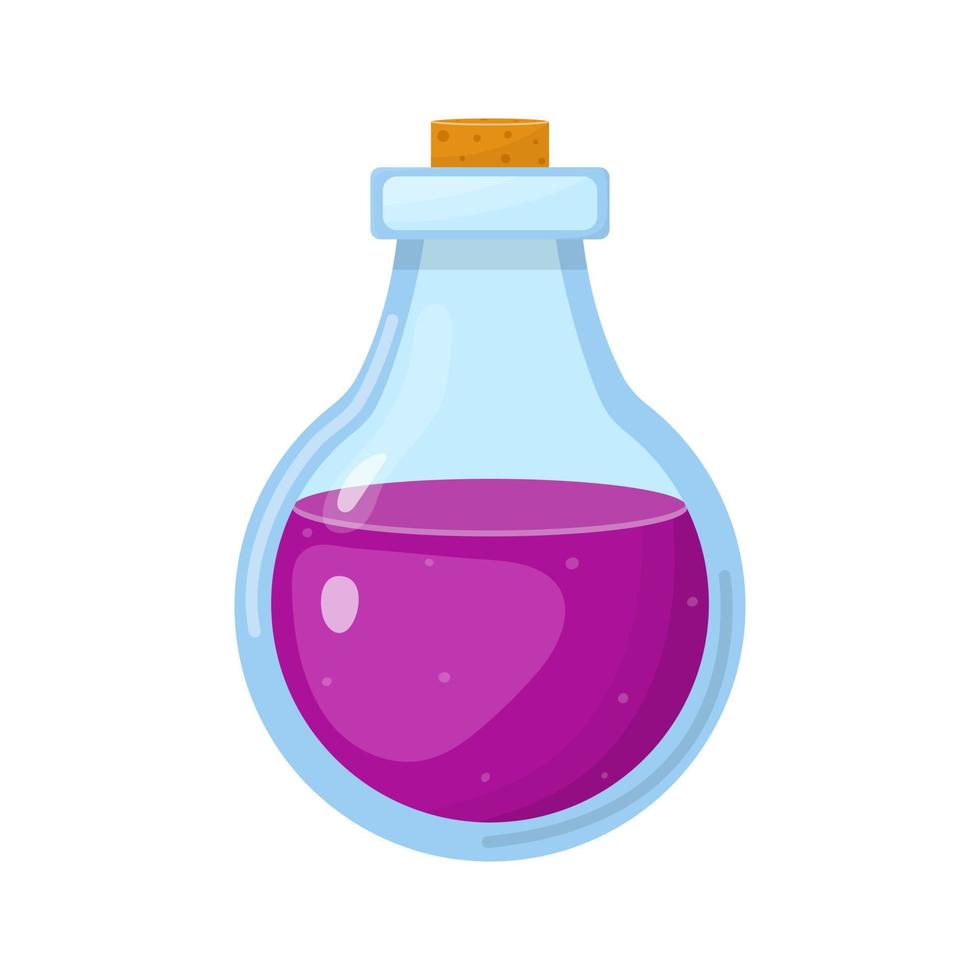 poção mágica em garrafa com líquido roxo isolado no fundo branco. elixir químico ou alquímico. ilustração vetorial para qualquer projeto. vetor