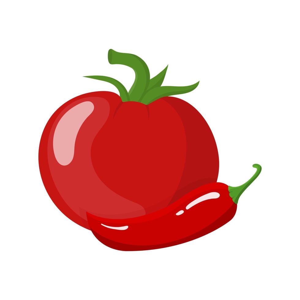 tomate vermelho fresco e pimenta isolada no fundo branco. ícone vegetal para mercado, design de receita, logotipo. comida orgânica. estilo de desenho animado. ilustração vetorial para design. vetor