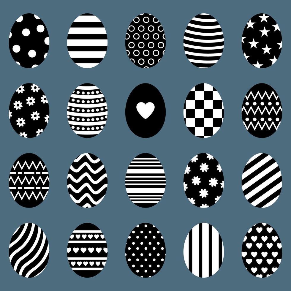 conjunto de ovos de páscoa. diferentes silhuetas de ovos com listras, pontos, corações e padrões. para cartões, convites. ilustração vetorial. vetor