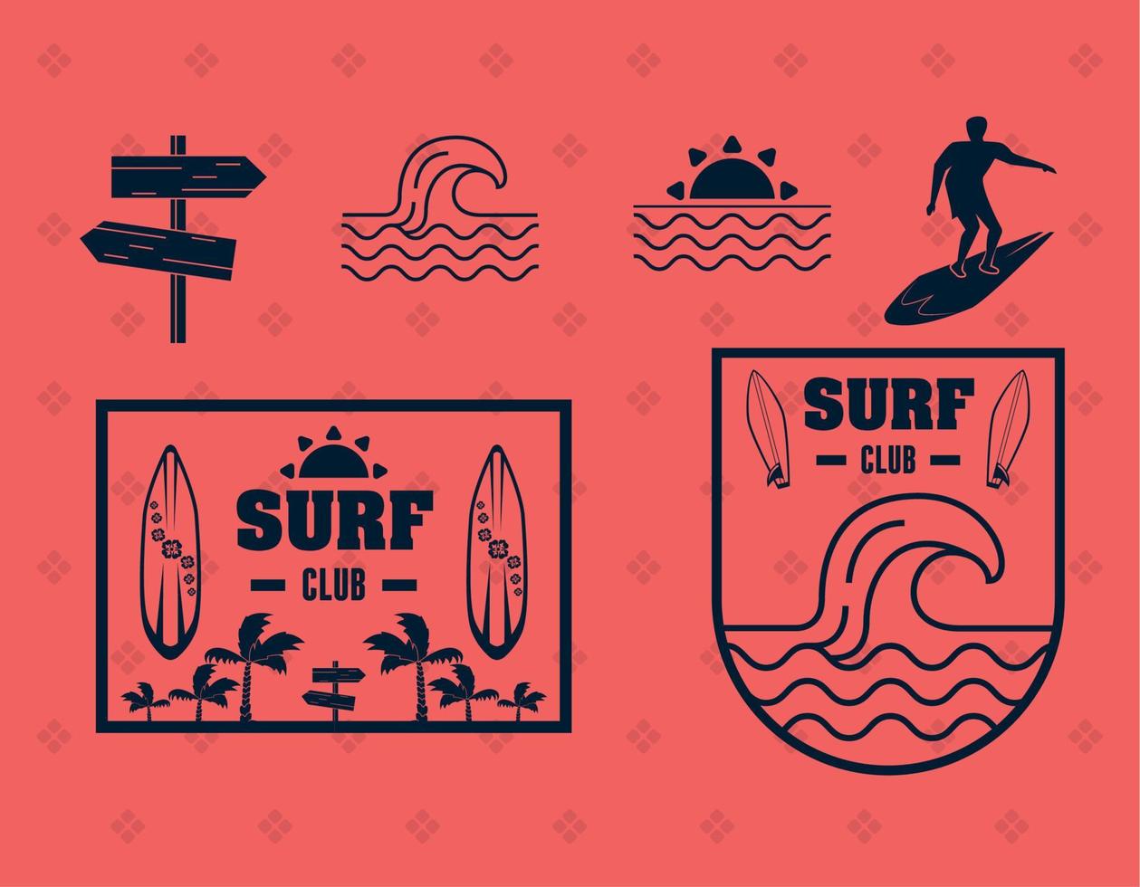 seis ícones do esporte de surf vetor