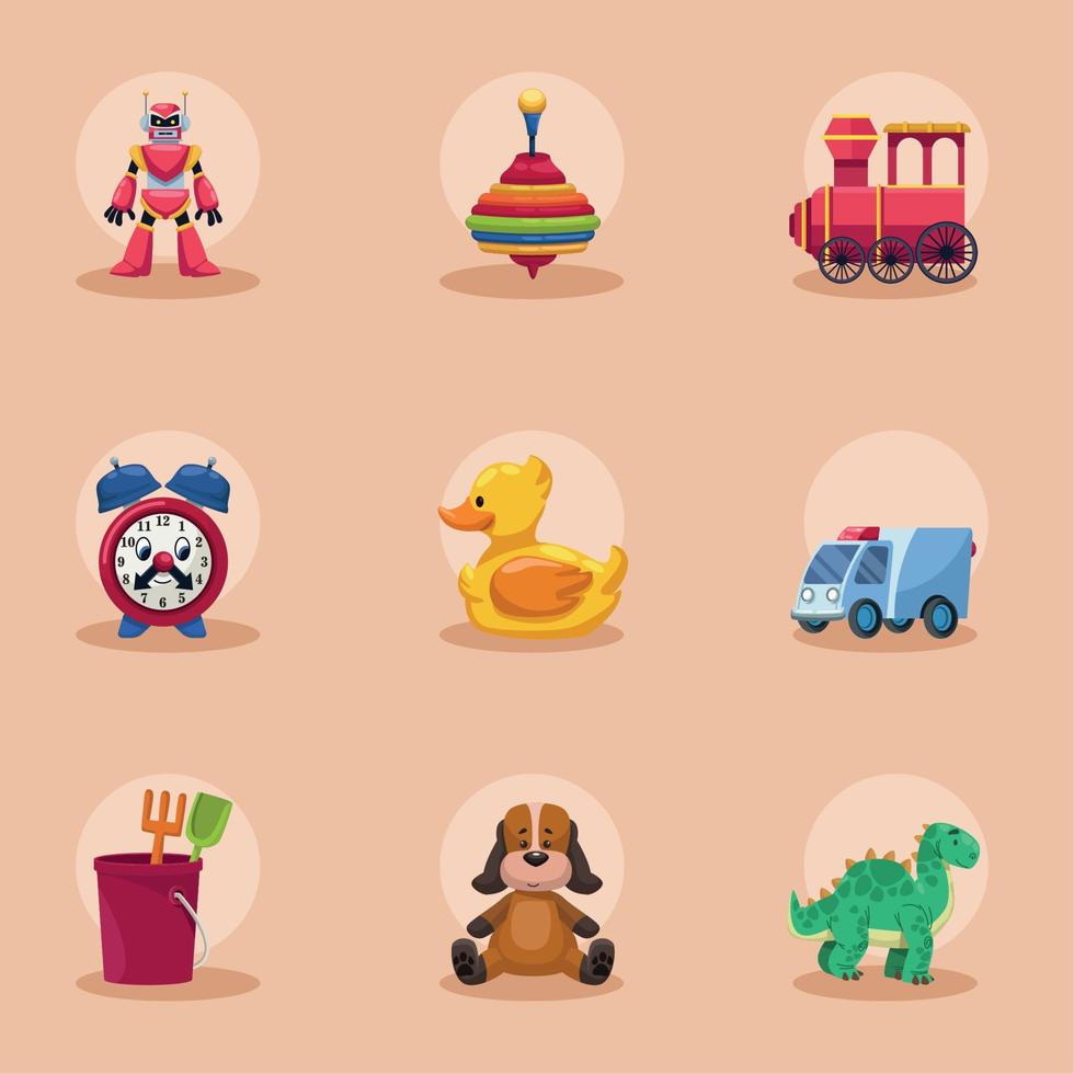 nove ícones de brinquedos para crianças vetor