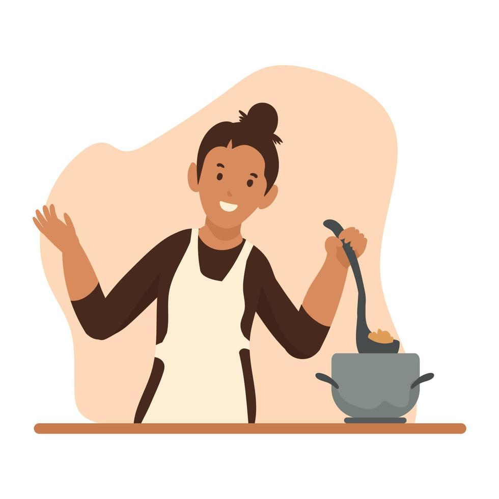 menina cozinhando com panela vetor