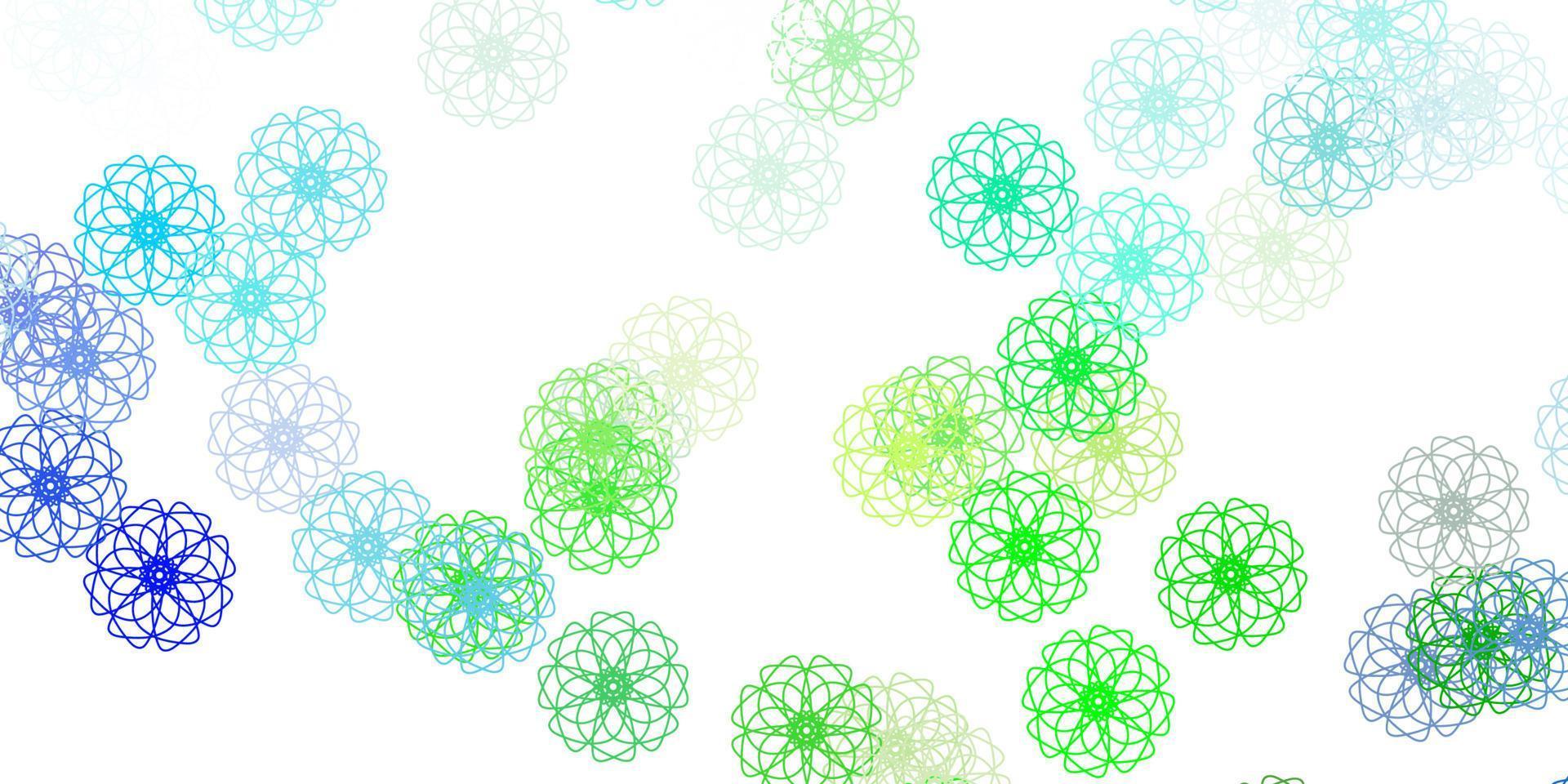 textura de doodle de vetor de azul e verde claro com flores.