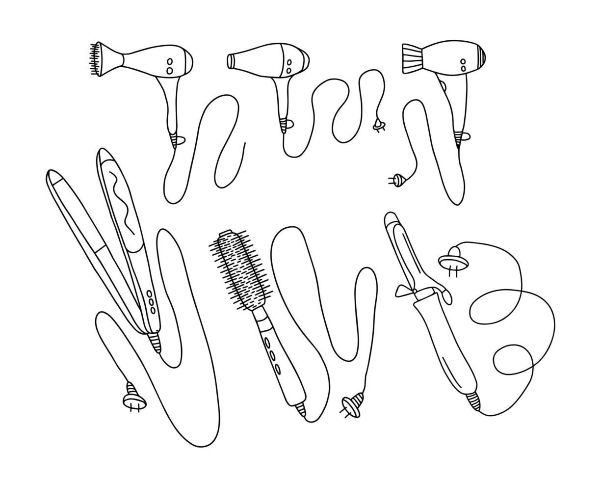 conjunto de equipamentos elétricos vetoriais desenhados à mão. secador de cabelo doodle e conjunto de vetores de estilo de alisamento