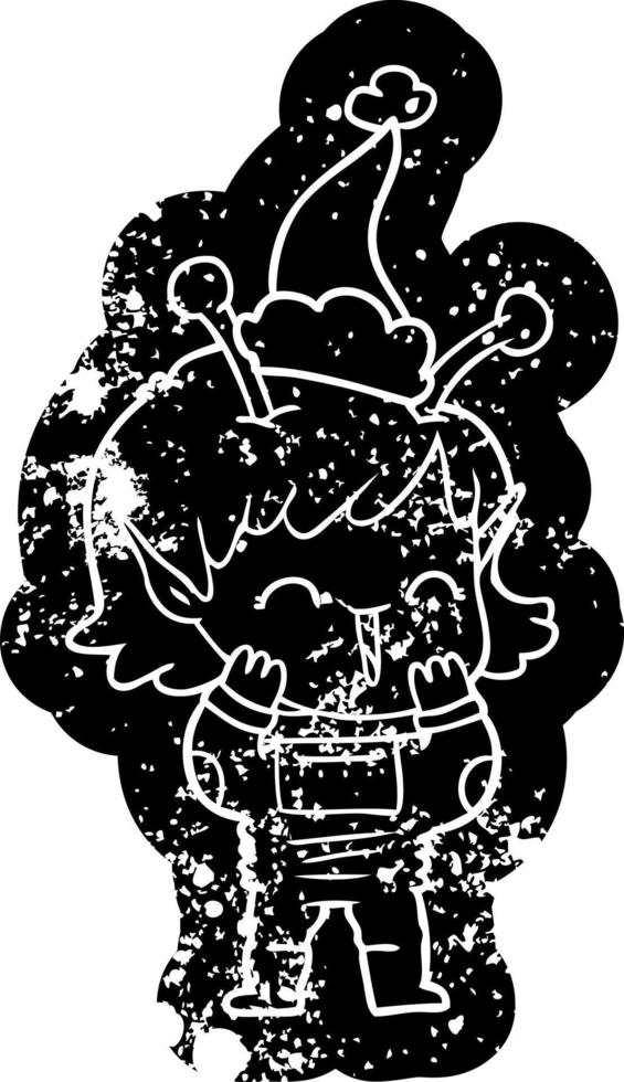 ícone angustiado dos desenhos animados de uma garota alienígena rindo usando chapéu de papai noel vetor