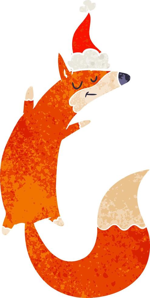 desenho retrô de uma raposa pulando usando chapéu de papai noel vetor