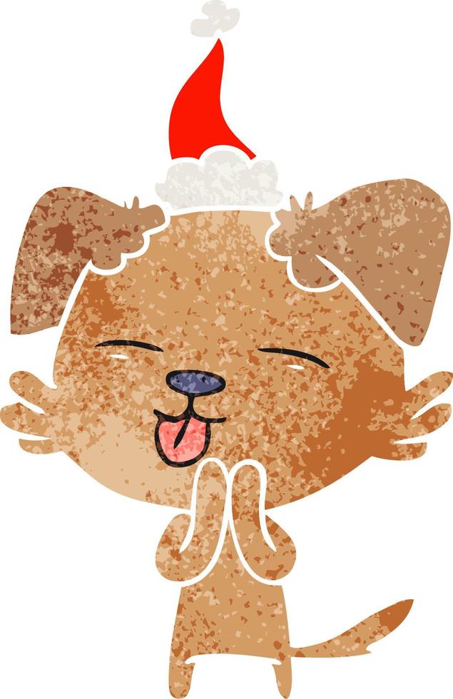 desenho retrô de um cachorro com a língua de fora usando chapéu de papai noel vetor