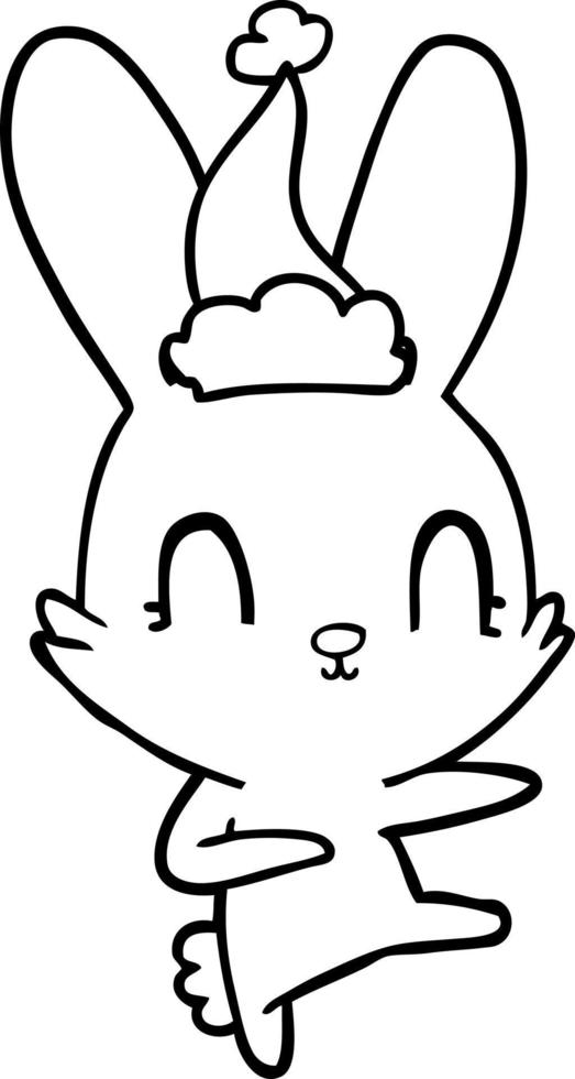 desenho de linha bonito de um coelho dançando usando chapéu de papai noel vetor