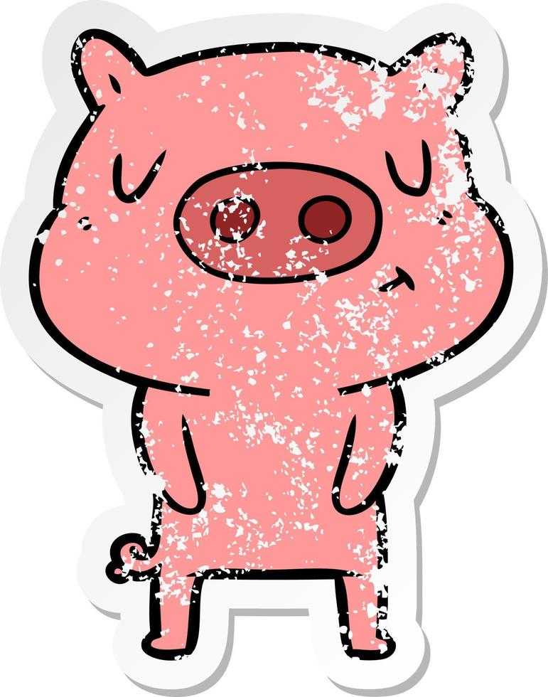 adesivo angustiado de um porco de conteúdo de desenho animado vetor