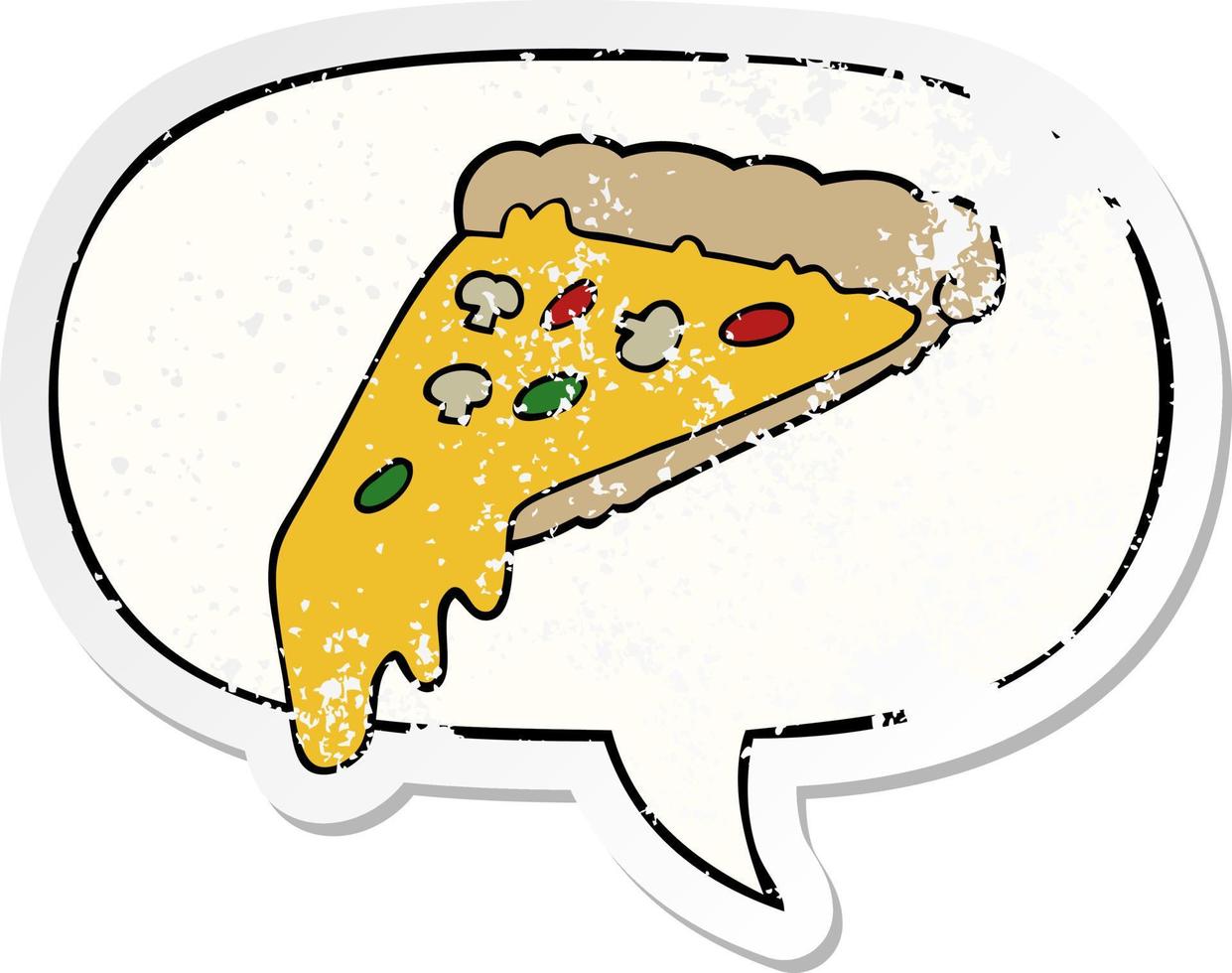 adesivo em apuros de fatia de pizza de desenho animado e bolha de fala vetor