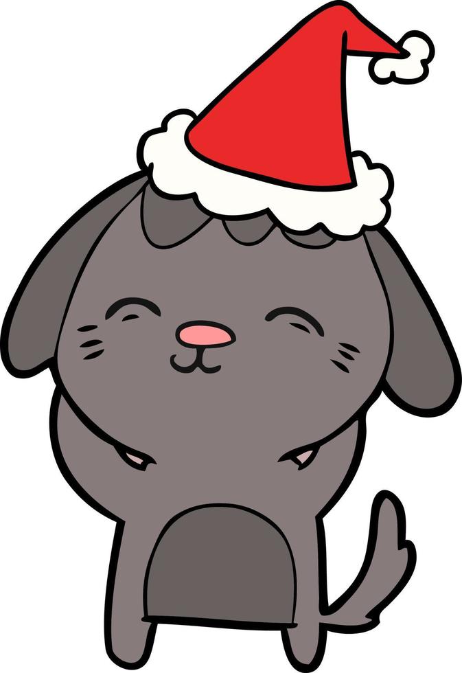 desenho de linha feliz de um cachorro usando chapéu de papai noel vetor