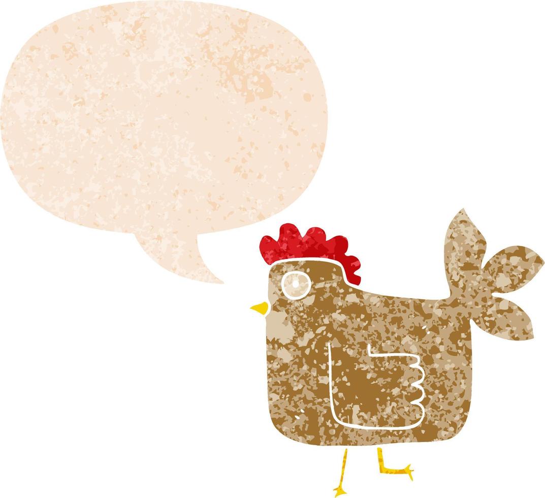 frango de desenho animado e bolha de fala em estilo retrô texturizado vetor