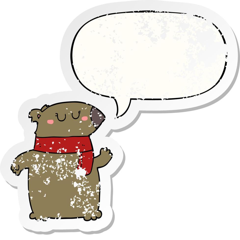 adesivo de urso e cachecol e bolha de fala de desenho animado vetor