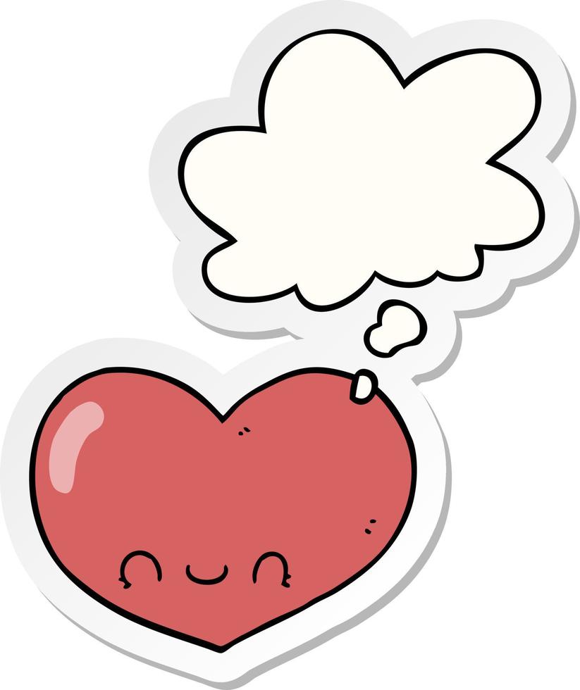 personagem de coração de amor de desenho animado e balão de pensamento como um adesivo impresso vetor