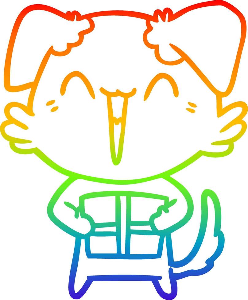 linha de gradiente de arco-íris desenhando cachorrinho de desenho animado feliz com presente vetor