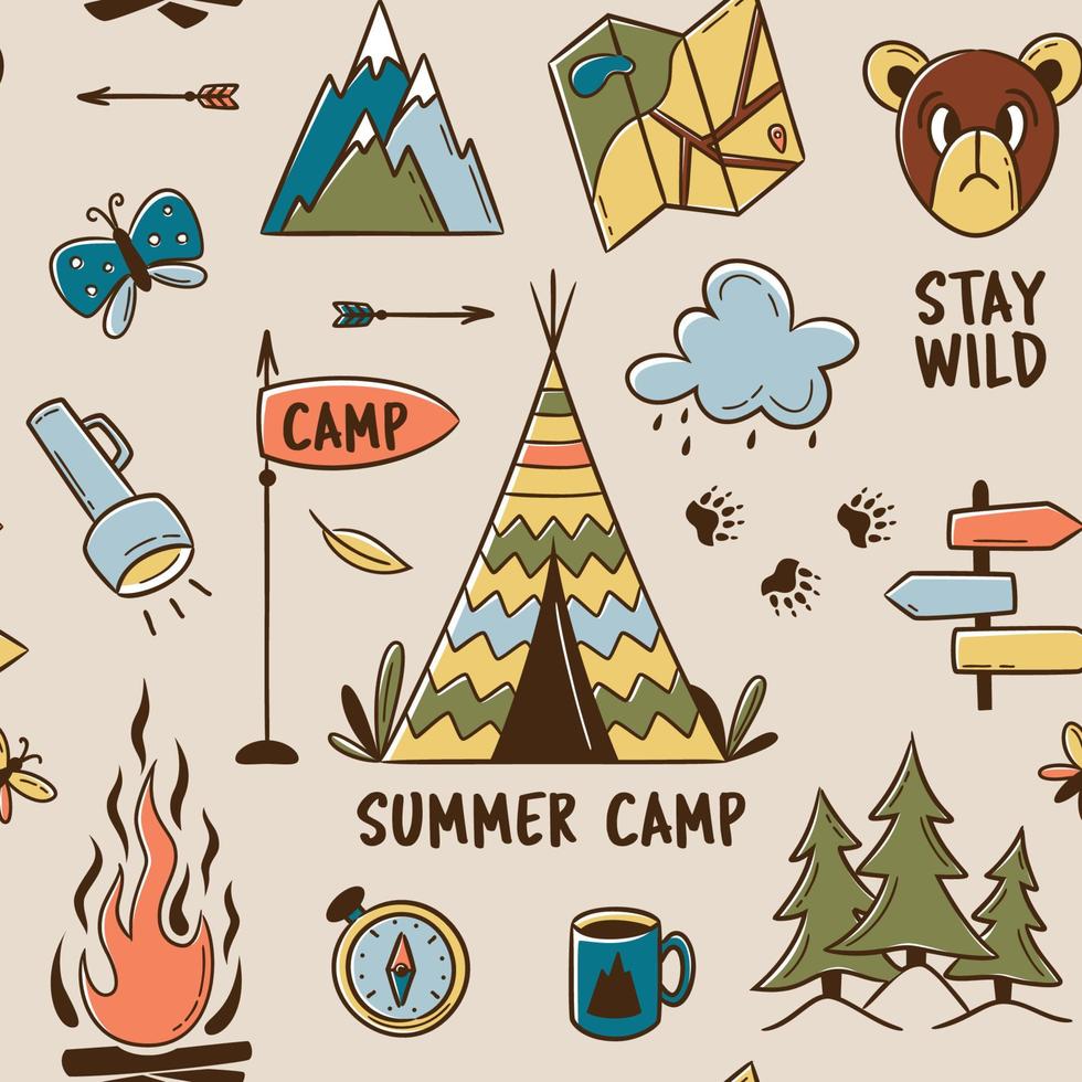 padrão de acampamento de verão sem costura, viagens e pernoite na floresta. elementos de aventura de acampamento ao ar livre vetor