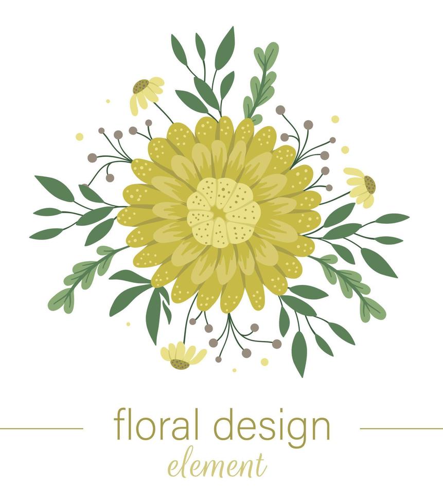 elemento decorativo redondo floral de vetor. ilustração na moda plana desenhada à mão com flores, folhas, galhos. prado, floresta, clipart de floresta. lindo buquê de jardim de primavera ou verão vetor