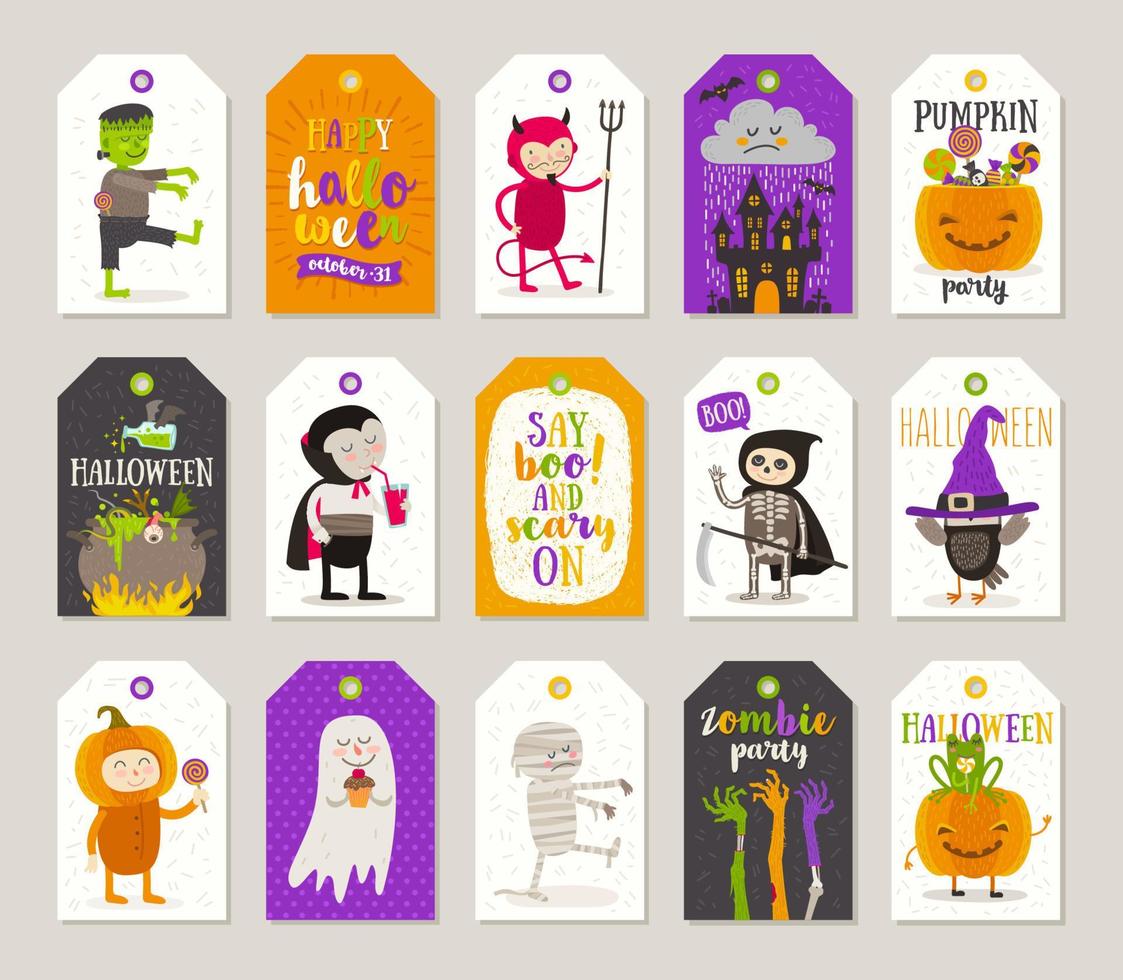 conjunto de etiquetas e rótulos de presente de halloween com personagens de desenhos animados, saudações, sinal de férias e símbolo. ilustração vetorial. vetor