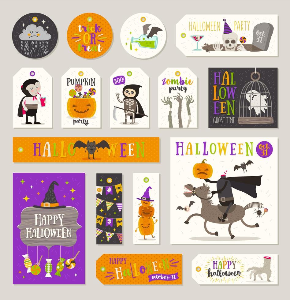 conjunto de etiquetas e rótulos de presente de halloween com personagens de desenhos animados, saudações, sinal de férias e símbolo. ilustração vetorial. vetor