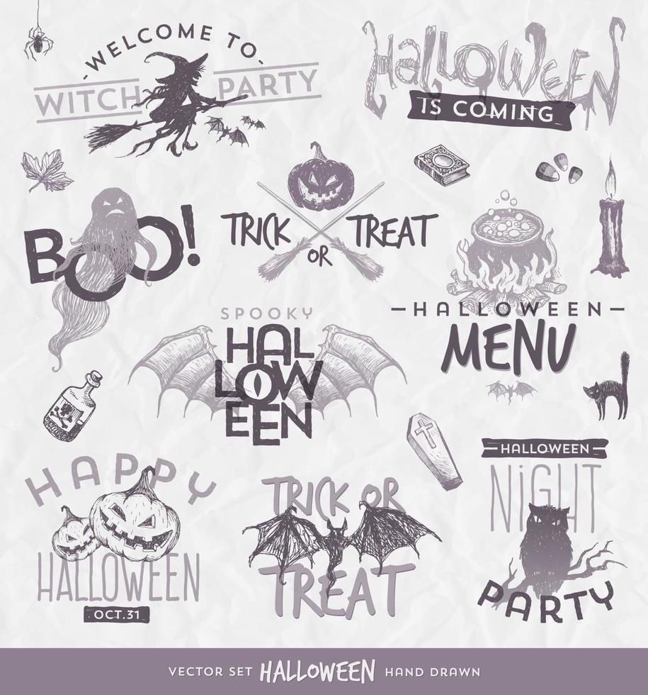 ilustração vetorial - conjunto de design de tipo de halloween com elementos desenhados à mão vetor