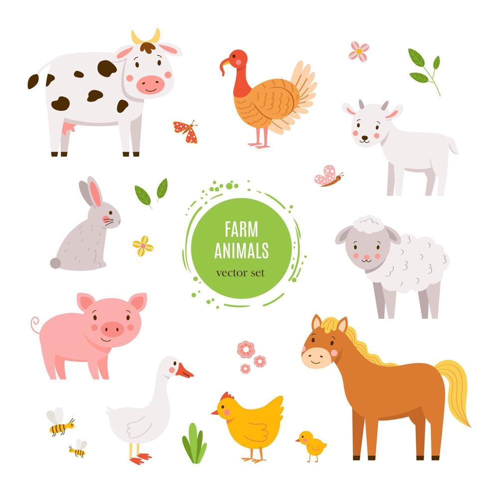 conjunto de desenhos animados de vetor de animais bebê fazenda isolados no fundo branco. vaca desenhada de mão bonita e feliz, pássaro de peru, cabra, ovelha, cavalo, porco, galinha, coelho e ganso. ilustração de crianças alegres