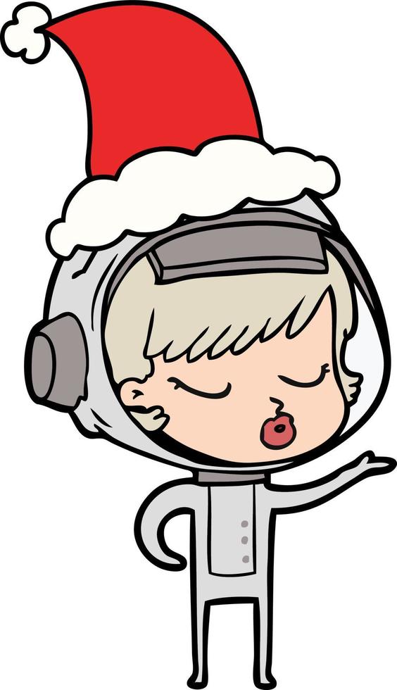 desenho de linha de uma linda garota astronauta usando chapéu de papai noel vetor