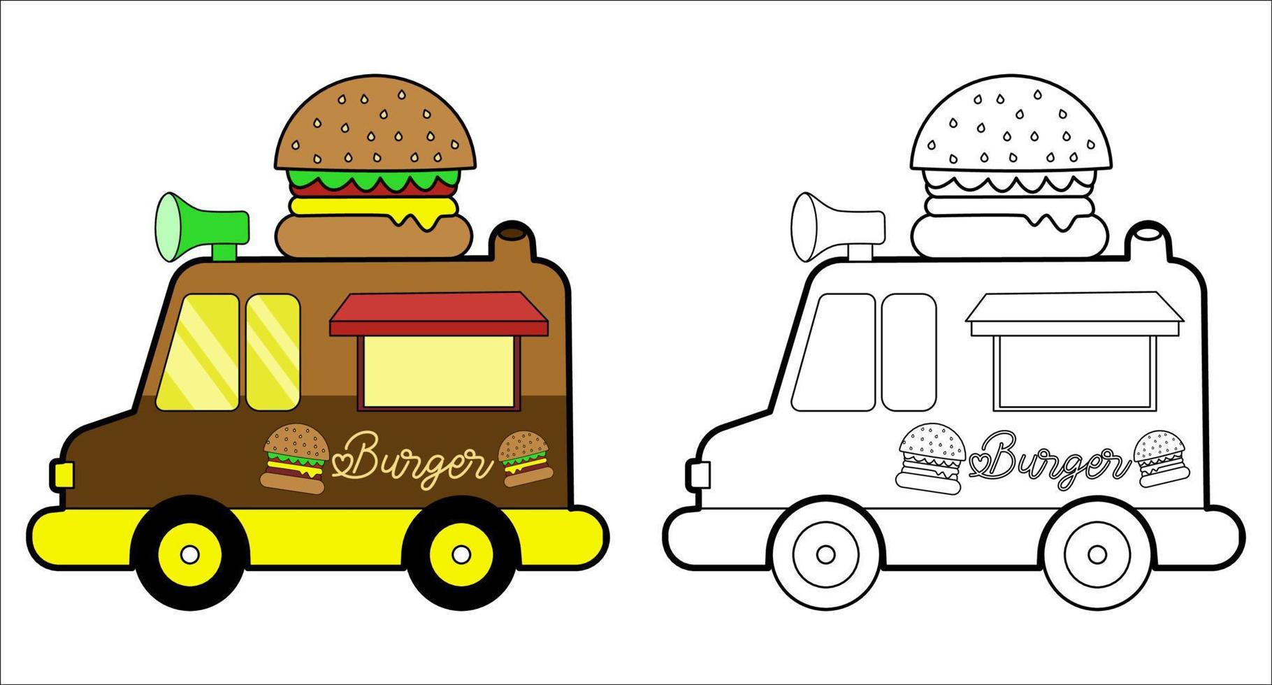 livro de colorir. carro de fast-food dos desenhos animados com um grande hambúrguer para páginas para colorir de atividade de crianças. ilustração vetorial vetor