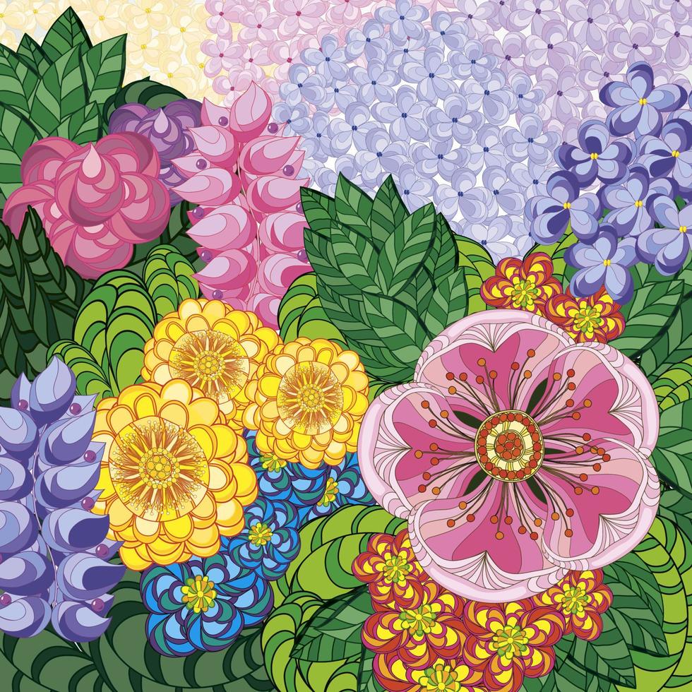 ilustração vetorial cartão beleza e moda. fundo com flores e folhas. zentangl, rabiscar. livros de colorir para adultos. vetor