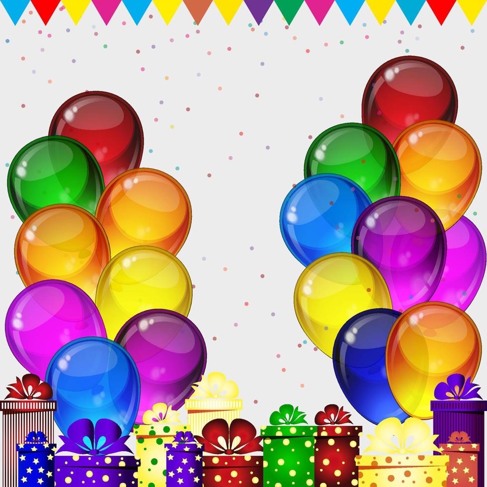 fundo de vetor de festa de aniversário com balões e presentes, balões festivos coloridos, confetes, fitas voando para cartão de celebrações.