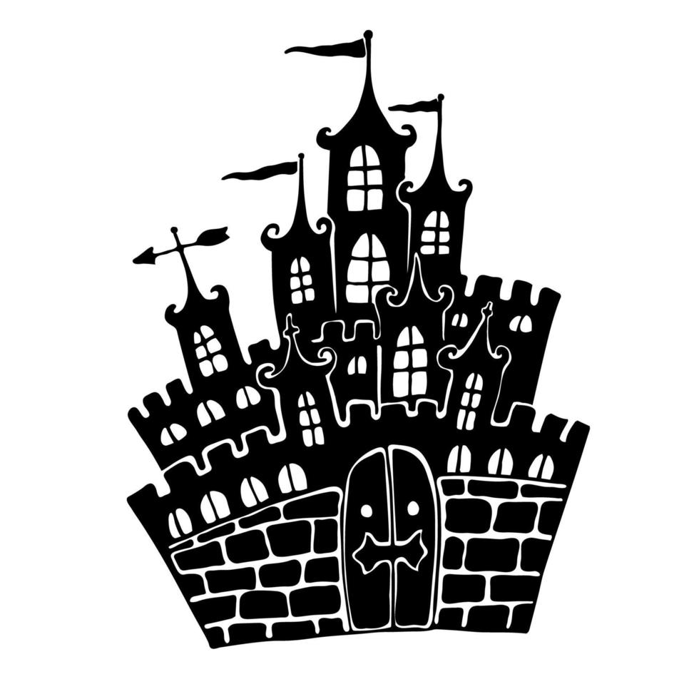 castelo de conto de fadas. silhueta negra do castelo com os portões, torres, bandeiras. design de elementos de halloween. vetor