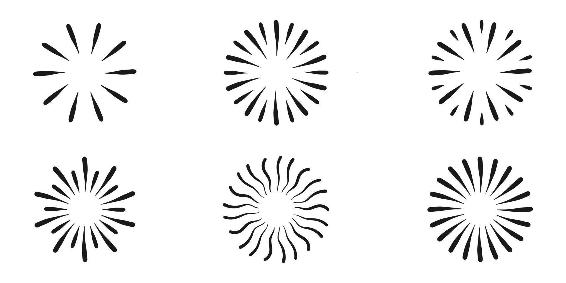 ícone de raios de sol em linhas pretas. ilustração em vetor de esboço desenhado de mão de círculo brilhante.