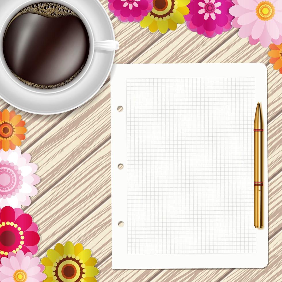 xícara de café, flores, caneta e papel em uma mesa de madeira. cartão floral. vector design plano leigo.