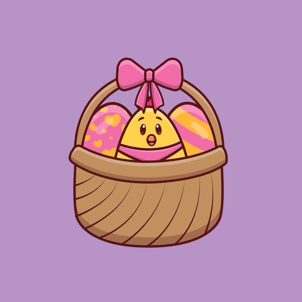 garota de desenho animado bonito em uma cesta com ovos em uma ilustração vetorial vetor