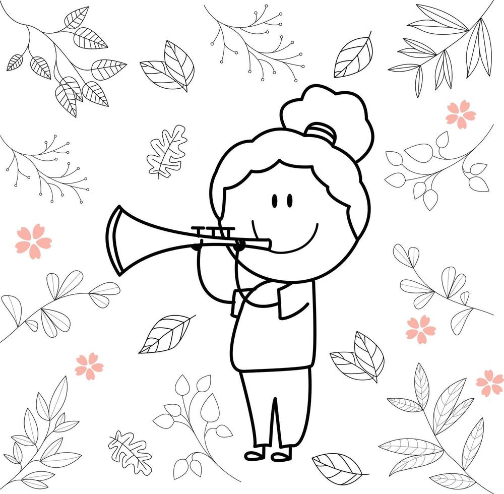 ilustração dos desenhos animados do menino se divertindo tocando trompete vetor