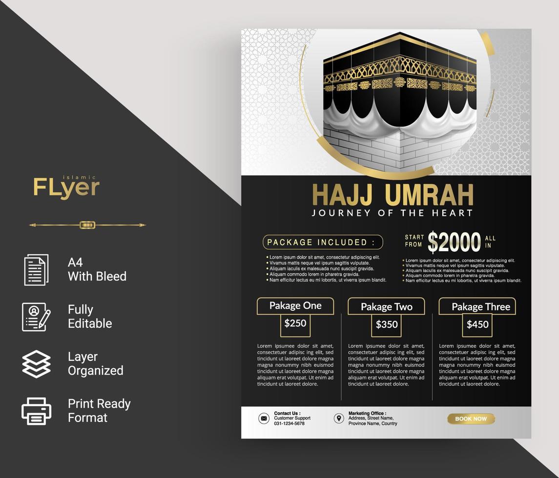 design preto islâmico com elemento de onda de ouro para panfleto hajj ou umrah, vetor