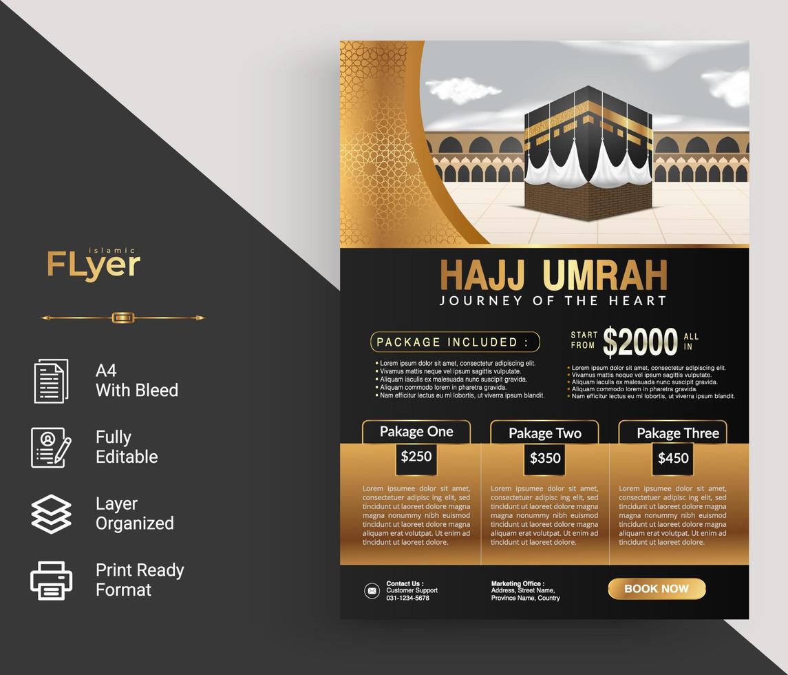 design de folheto islâmico de luxo com elemento preto e dourado para hajj ou umrah vetor