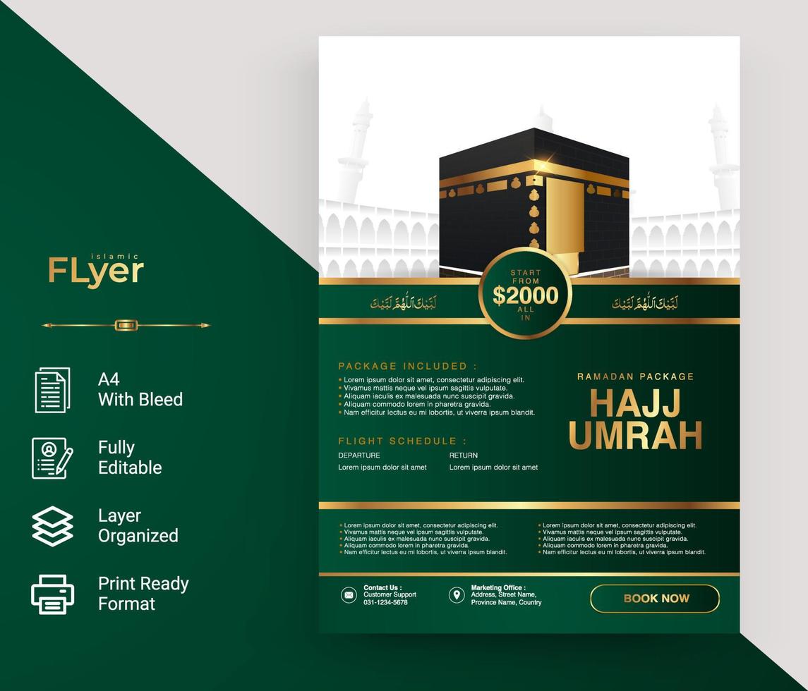 design de folheto para hajj umrah com cor verde e dourada vetor