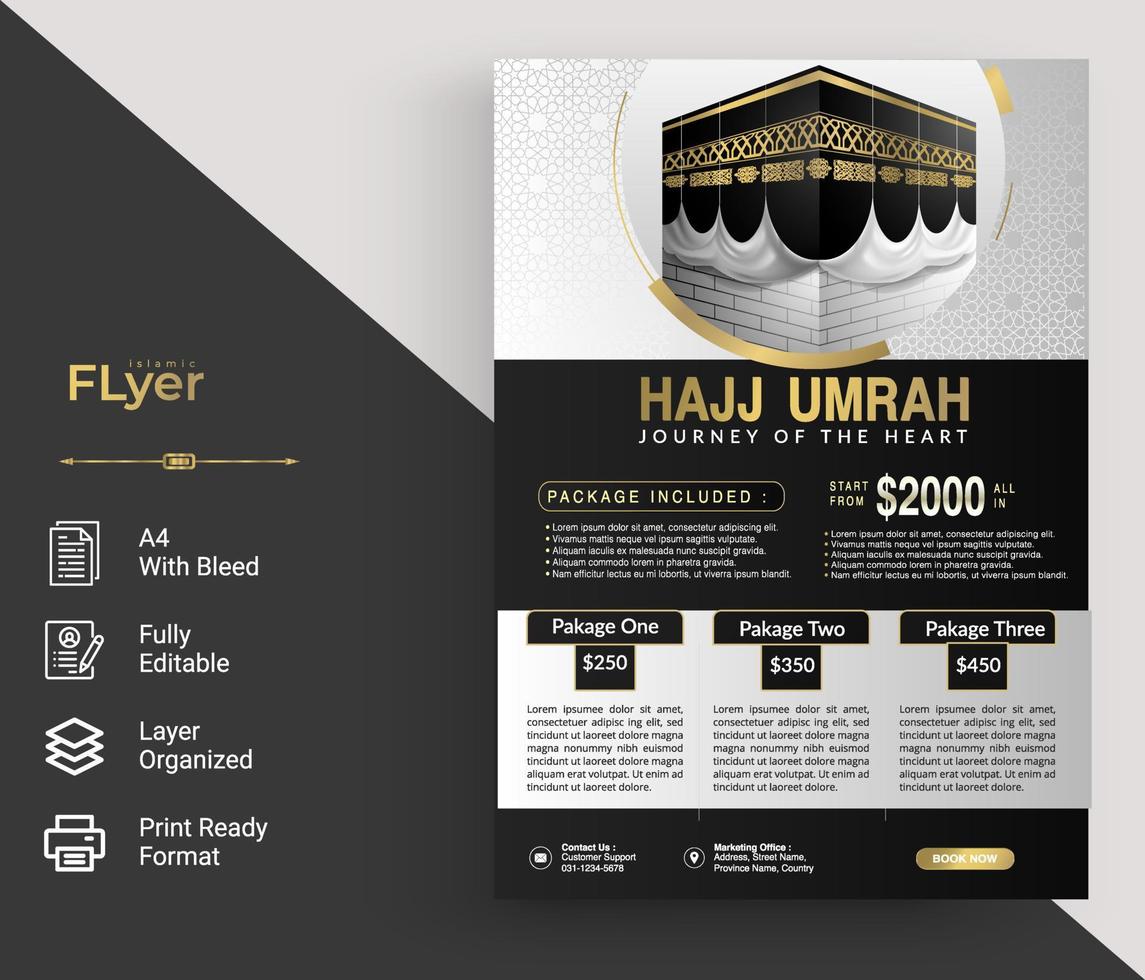 design preto islâmico com elemento de onda de ouro para panfleto hajj ou umrah, vetor