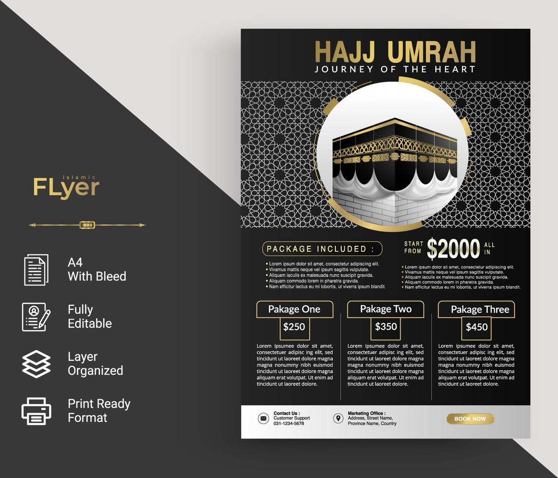 design preto islâmico moderno com elemento de ouro de onda para folheto hajj ou umrah, vetor